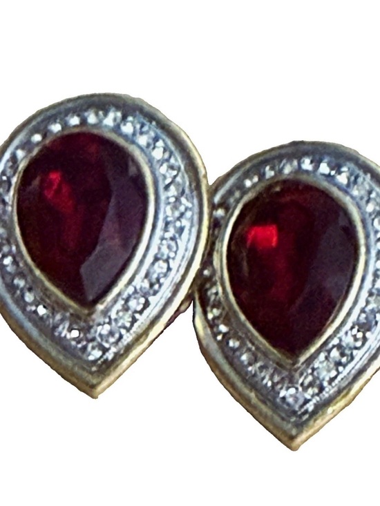 Swarovski Jewelry - VTG 1980s Signed S.A.L. Swarovski Ruby Red Teardrop Clip-On Earrings pave rhines
